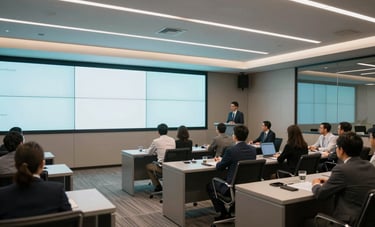 A wide shot of a sophisticated South American / Brazilian corporate operations room with large screens and professional staff collaborating calmly, high-end furniture, soft teal and white lighting.