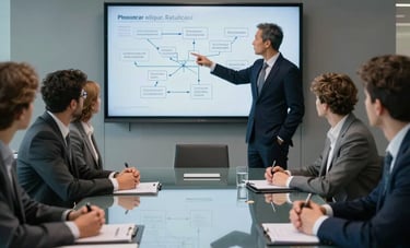 A sleek Western European conference room with a glass table, where professionals are strategizing. One person is pointing to a flow chart on a screen. Modern, professional lighting, using blue and gray color schemes.