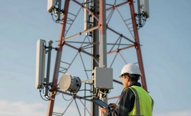 A photography of a telecommunications tower site in Western Europe under a clear sky. A professional engineer in high-visibility gear is inspecting equipment with a tablet. Industrial and reliable atmosphere with medium blue and light blue tones.