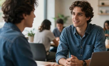 A mentoring session in a modern Brazilian coworking space, two professionals engaged in an encouraging conversation, warm natural lighting, professional and hopeful mood, medium blue tones.