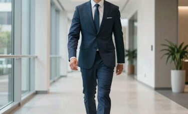 A sophisticated executive professional walking through a bright, modern corporate hallway in a South American business district, clean architecture, encouraging atmosphere, light blue and off-white color palette.