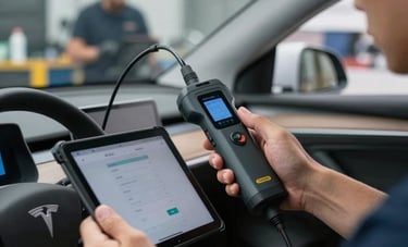 High-quality photography of a technician holding a professional tablet-based automotive scanner, connected to the dashboard of a modern vehicle. The interior of the car is visible. Professional South American workshop background.