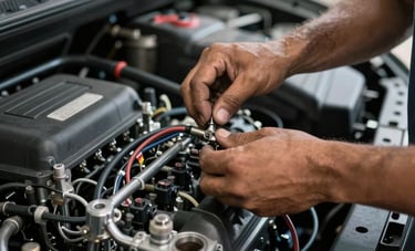 Close-up photography of a professional mechanic's hands carefully repairing a car's complex wiring harness. The engine bay is clean and the lighting highlights the metallic textures of the car parts. South American automotive service setting.
