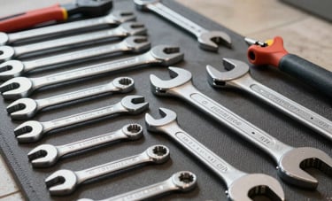 A professional photograph of high-quality plumbing tools and heavy-duty wrenches neatly arranged on a work mat in a North American / US residential basement. The lighting is clean and bright, conveying a sense of readiness and long-standing expertise.