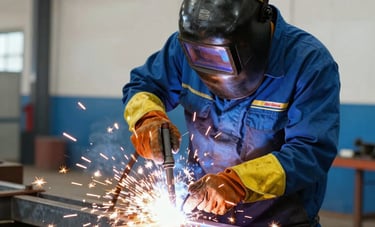 A professional welder in full protective gear performing industrial welding on a large metal structure in a Brazilian factory. Bright golden sparks contrast with a medium blue and off white workshop background. Professional photography showing expertise and safety.