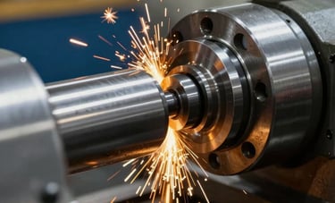 Macro photography of a metal lathe in operation within a South American Brazilian machining shop. Sharp steel tools cutting through a rotating metallic cylinder. Dark navy and golden yellow sparks highlight the action. Clean, industrial, and high-quality aesthetic.