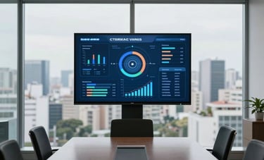 A minimalist corporate meeting room in a Brazilian skyscraper, overlooking a blurred cityscape, with a focus on a large screen displaying business intelligence data and charts, professional and sophisticated mood.
