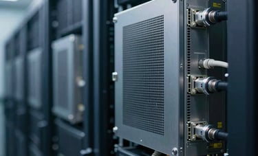 A close-up of high-end telecommunications hardware in a modern Brazilian data center, soft ambient lighting reflecting off metal surfaces in navy and steel blue, professional corporate atmosphere, shallow depth of field.