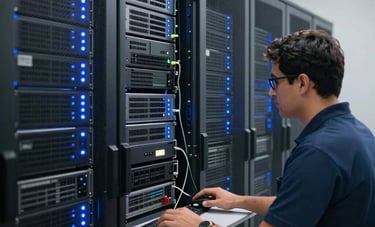 Photography of a clean, state-of-the-art data center in South America / Brazilian region, featuring racks of servers with glowing steel blue indicator lights and a professional technician monitoring the systems from a workstation.