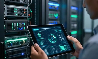 Detailed shot of a high-tech cybersecurity interface on a tablet held by a South American / Brazilian professional in a dimly lit, modern server room. Reflections of mint green and steel blue light bounce off the glass surfaces.