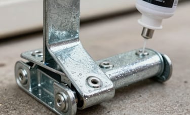 A macro shot of heavy-duty galvanized garage door rollers and hinges being lubricated with professional grade spray. Professional, detailed hardware maintenance in a US residence.
