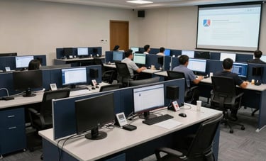 A wide shot of a high-tech South American tele-services operations room, showing organized rows of workstations with deep navy furniture and professional lighting.