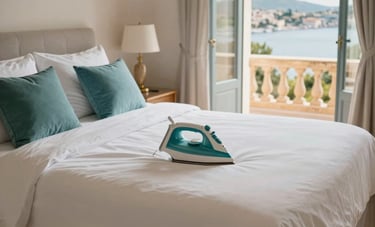 A bright bedroom in a Mediterranean villa with a view toward Porto-Vecchio. The focus is on the bed, dressed in crisp, professionally ironed white linens and teal cushions. The lighting is warm and inviting, capturing a mood of absolute cleanliness and relaxation.