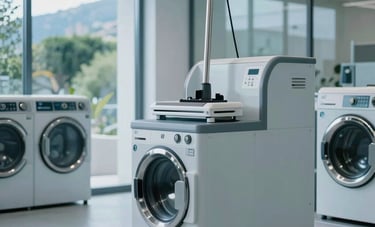 Interior of a high-end, contemporary laundry facility in Southern Europe. A professional steam press station is visible, with soft blue lighting and a clean, organized layout. In the background, large glass windows reveal a hint of Corsican greenery, emphasizing a modern and serene workspace.