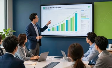 A diverse group of professionals in a contemporary North American conference room, discussing growth charts and digital metrics on a large wall-mounted screen. The room features dark blue and vibrant green accents, with clean lines and a professional, confident mood.