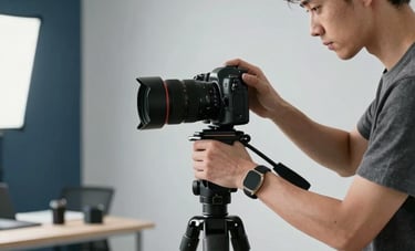 A professional photographer in a bright, modern studio in North America, adjusting a high-end camera on a tripod. The background is a clean, minimal workspace with light grey and dark blue accents. Soft studio lighting highlights the professional gear and organized setup.