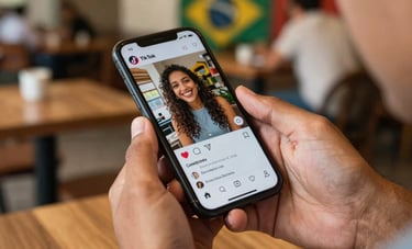 Photography of a person's hands holding a smartphone in a vibrant Brazilian cafe. The screen displays a viral short-form video on a TikTok-style interface with many likes and comments, illustrating consumer engagement.