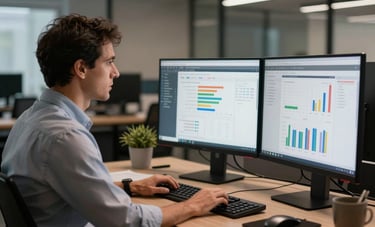 Professional photography of a Brazilian marketing expert analyzing consumer behavior data on a dual-monitor setup in a sleek, modern office. The lighting is focused and professional, highlighting a results-driven atmosphere.