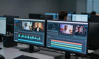 Cinematic photography of a professional video editing suite in a dark gray and blue lighting environment. Multiple monitors display vibrant motion graphics and promotional video sequences. High-quality production equipment is blurred in the background, conveying a high-tech and results-driven atmosphere in a Middle Eastern creative agency.
