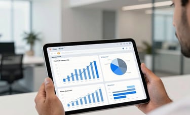 Photography of a professional in a modern Gulf-style office setting holding a tablet. The screen displays a complex social media analytics dashboard with blue and light gray charts. The background is a clean, minimalist workspace with architectural details reflecting modern Middle Eastern office design and premium quality.