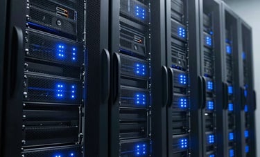 Photography of a sophisticated data center with rows of sleek black servers and glowing soft blue indicators. The composition uses leading lines and a low-angle perspective to emphasize scale. International / Business context.