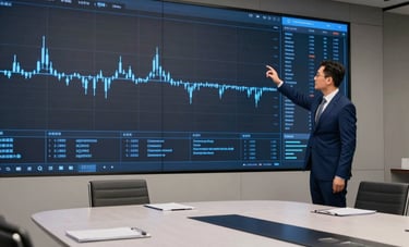 A wide-angle photography shot of a high-tech conference room with a large sleek table. A professional in a dark blue tailored suit is examining a wall-sized digital display showing clean blue data points. International / Business setting.