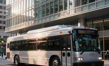 A photograph of a sleek silver passenger shuttle bus parked in front of a modern glass office building in a North American downtown area, morning light, crisp architecture.