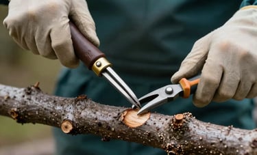 Macro photography of a clean, surgical cut on a tree branch, showing professional arborist techniques. In the background, an arborist works with specialized tools. Elegant composition, wooden taupe tones and deep teal accents, Central European / Polish context.