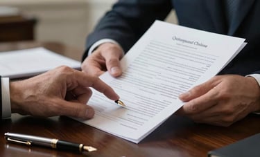 A close-up shot of professional hands reviewing a high-quality financial document on a dark wood desk in a British boardroom. A luxury fountain pen sits nearby. The background is softly blurred showing a hint of London's historic architecture. The color palette includes dark navy and muted grey.