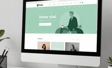 A minimalist, premium workspace setup in India with a high-end desktop monitor displaying a modern website layout. The lighting is bright and clean with soft green and white tones, highlighting professionalism and minimal UI design.