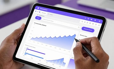 A close-up photograph of a tablet screen being used by a South Asian professional, showing complex search engine analytics and growth charts. Background shows a blurred modern office in purple and white tones.