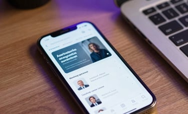 A close-up of a modern smartphone and tablet on a clean wooden desk in a North American business setting. The screen shows local marketing analytics. The lighting is soft and professional with purple color accents in the background.