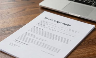 A close-up of professional Brazilian business documents and a high-end laptop on a polished wooden desk, evoking a sense of legal integrity and corporate compliance, in soft daylight.