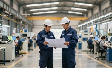 A wide shot of a clean, organized industrial factory floor in Brazil, engineers in navy blue uniforms discussing a project over a blueprint, bright professional lighting.