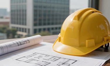 Detailed view of architectural blueprints and a hard hat on a wooden table, soft focus on a modern South American office building in the background, elegant corporate style.