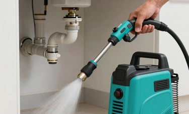 Close-up of plumbing tools and a high-pressure water jetting machine being used to clear a drain in a modern Southeast Asian / Filipino kitchen. Clean, sharp focus on professional machinery and bright teal accents.