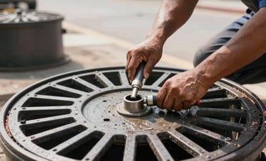 A clean, bright photo of a new septic tank manhole being professionally sealed by a technician. Southeast Asian / Filipino urban background, focusing on structural integrity and professional plumbing equipment.