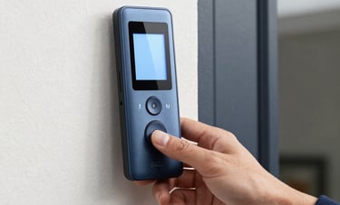 A person’s hand using a sleek, modern digital video intercom at the entrance of a contemporary Ecuadorian home. The device is metallic blue gray with a glowing screen. Professional composition, daylight. Colors include navy blue and off-white.