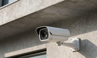 A high-end white surveillance camera mounted on a modern concrete wall under the eaves of a house in a South American residential neighborhood. Sharp focus on the lens. Morning light, professional architectural photography. Colors include light gray and steel blue.