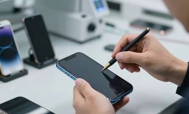 Close-up photography of mobile devices being tested in a bright, modern laboratory setting in Istanbul, high-tech tools, clean environment, reflecting a trustworthy testing process.