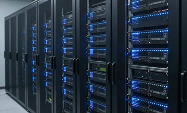 A high-tech data center interior with neat rows of server racks illuminated by subtle blue LED lights, showing professional hardware management and scale, global standard facility.