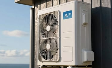 A sleek white heat pump unit mounted on a contemporary dark weatherboard exterior wall of an Oceanian house. Bright afternoon sun with clear New Zealand skies in the background.