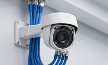 A high-tech digital security camera and a neat bundle of blue networking cables installed in a clean, modern commercial setting. Professional and sharp architectural photography.
