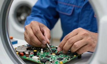 Close-up of a technician's skilled hands repairing the electronic motherboard of a modern washing machine. Professional blue uniform, bright workshop lighting, emphasizing precision and technical expertise. Istanbul Anatolian Side context.