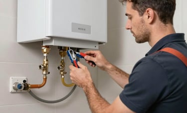 A technician performing seasonal maintenance on a wall-mounted kombi boiler in a clean, modern home setting. Professional tools, safety equipment, soft lighting. Reliable and clean service imagery set in Istanbul Anatolian Side.