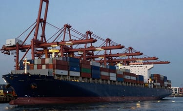 Professional photography of a large-scale international port with massive container ships and cranes at dusk. The lighting is cinematic, reflecting dark navy and light blue colors on the water, symbolizing global trade and logistics in an International Global context.