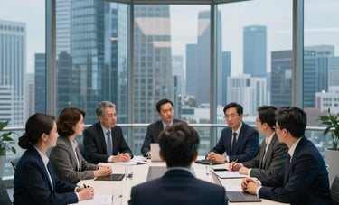 A sharp, professional wide shot of a glass-walled boardroom overlooking a modern skyline. A group of business leaders in formal attire are collaborating. The color palette includes deep blue and dark navy tones with sophisticated off-white highlights.