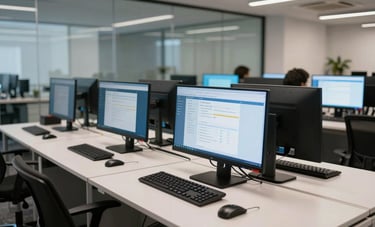A modern tech office in Brazil with multiple computer monitors showing clean dashboard interfaces. A professional setting with ergonomic furniture and glass partitions. Lighting is efficient. Palette includes medium blue and off-white.