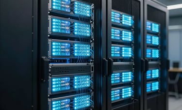 Detailed photograph of a high-tech Brazilian data center, glowing LED lights in shades of light blue on server equipment, symbolizing secure transmission and advanced technology.