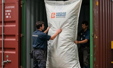 Professional photography of industrial shipping container desiccant bags being installed by experts in a clean warehouse. Strong contrast lighting, Matte Forest Green and Deep Ripe Crimson tones in the background equipment. Focus on technical expertise and reliable logistics protection in a European port.